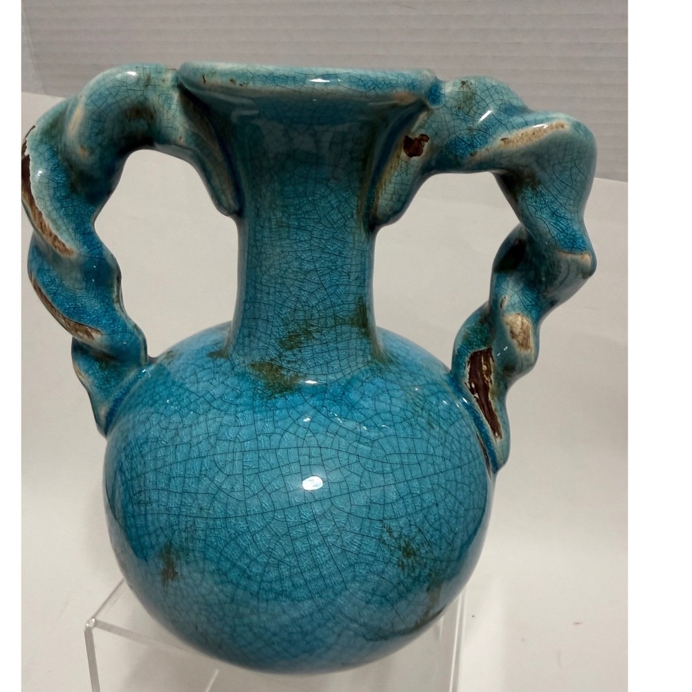 Turquoise Crackle Glaze Amphora Vase Twisted Handles Mediterranean Decor 7"